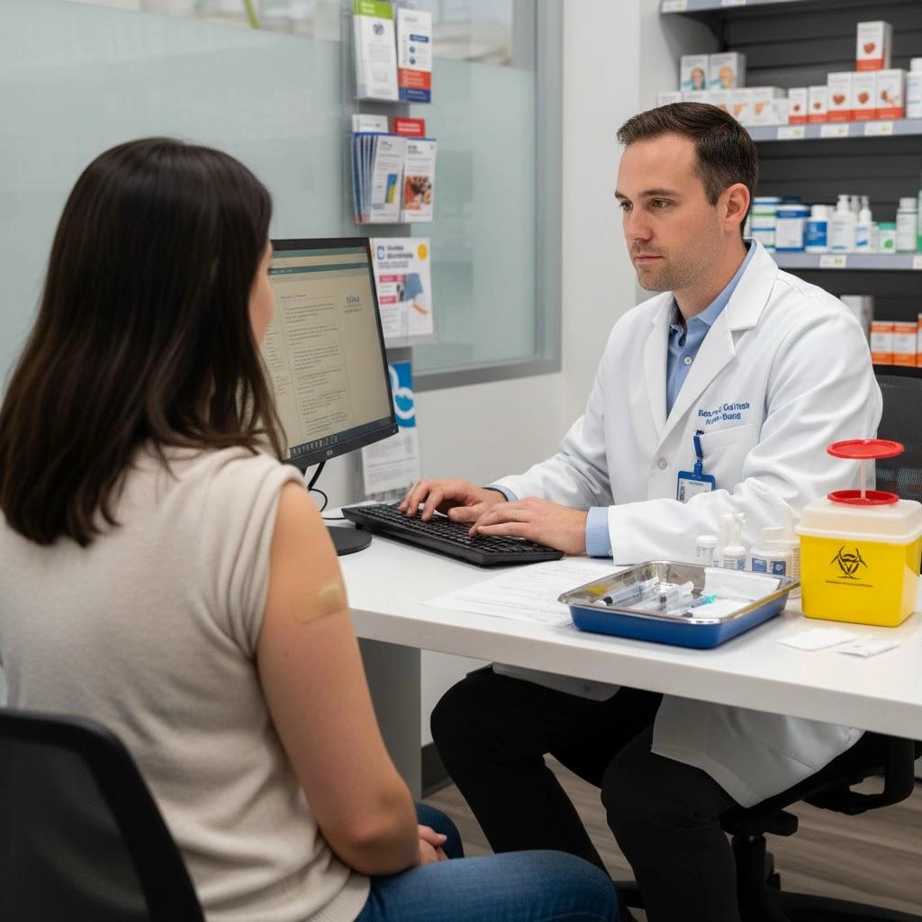 Farmaceuta w białym fartuchu siedzi przy biurku naprzeciwko pacjentki, wprowadzając dane do komputera w trakcie konsultacji. Na blacie widoczne są akcesoria do szczepienia, w tym tacka ze strzykawkami oraz żółty pojemnik na odpady medyczne.