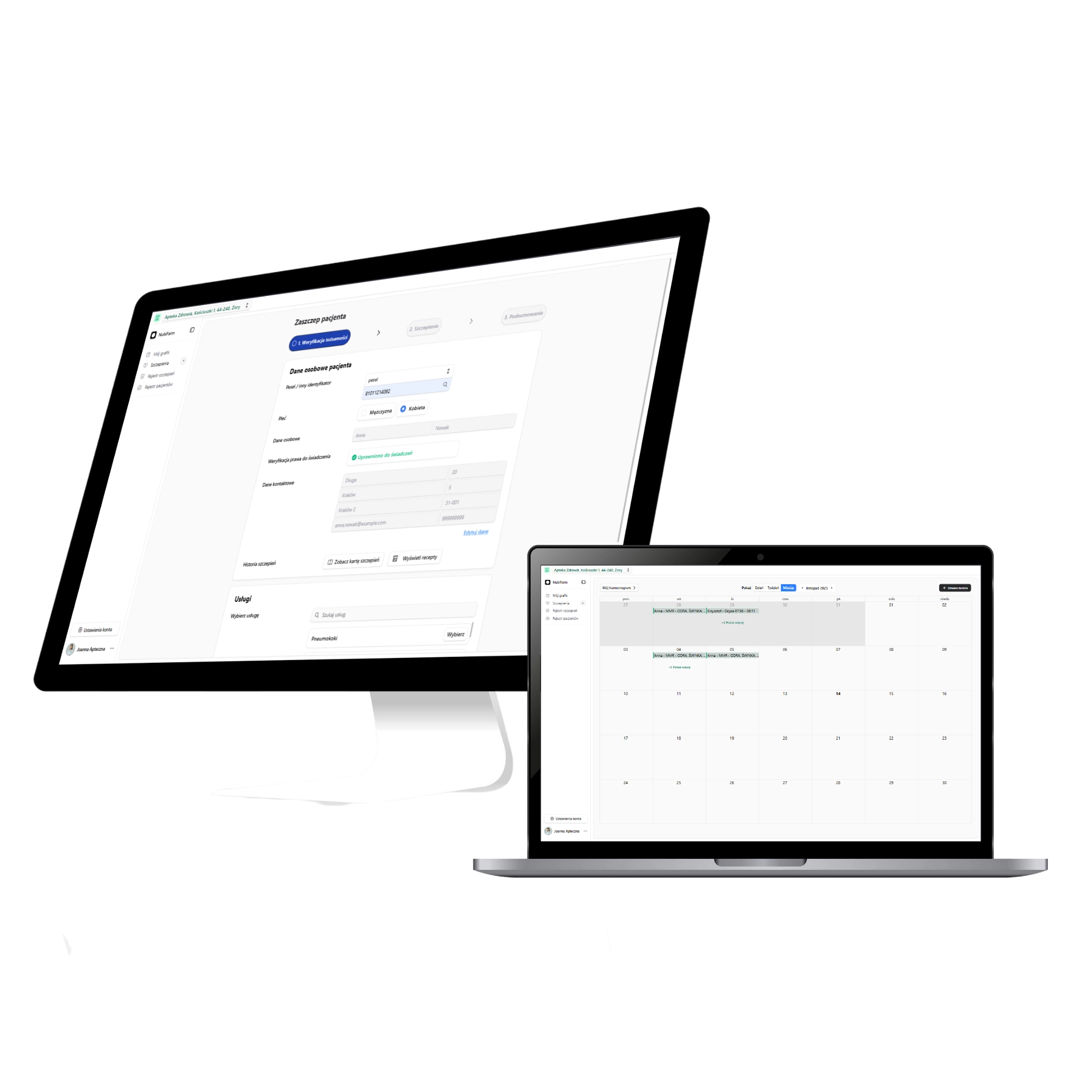 Interfejs systemu SimplyPharm na dużym ekranie i laptopie, ułatwiający szybką ewidencję pacjentów oraz planowanie wizyt.