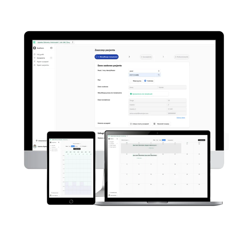Prezentacja systemu SimplyPharm na różnych urządzeniach, ze szczegółowym widokiem na formularz weryfikacji danych pacjenta do szczepienia.