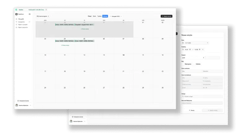 Kalendarz rezerwacji wizyt w systemie SimplyPharm, pokazujący grafik pracy apteki i szczegóły nowej rejestracji pacjenta.