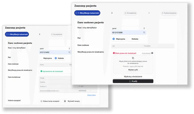 Proces weryfikacji uprawnień pacjenta do świadczeń w module szczepień SimplyPharm, z integracją z systemem eWUŚ i informacją o braku prawa.