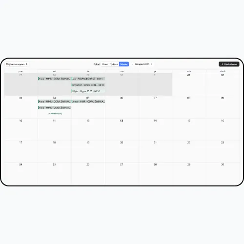 Widok kalendarza w aplikacji do zarządzania kalendarzem farmaceuty, przedstawiający harmonogram wizyt na wybrany miesiąc. Kolorowe paski oznaczają zaplanowane szczepienia dla konkretnych pacjentów, w tym przeciwko grypie, COVID-19 oraz MMR.