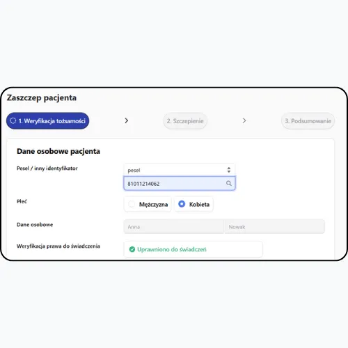 Zrzut ekranu formularza weryfikacji tożsamości w systemie medycznym, wypełnionego danymi pacjenta takimi jak PESEL i płeć. Na dole widoczny jest zielony komunikat potwierdzający uprawnienia pacjenta do świadczeń zdrowotnych.