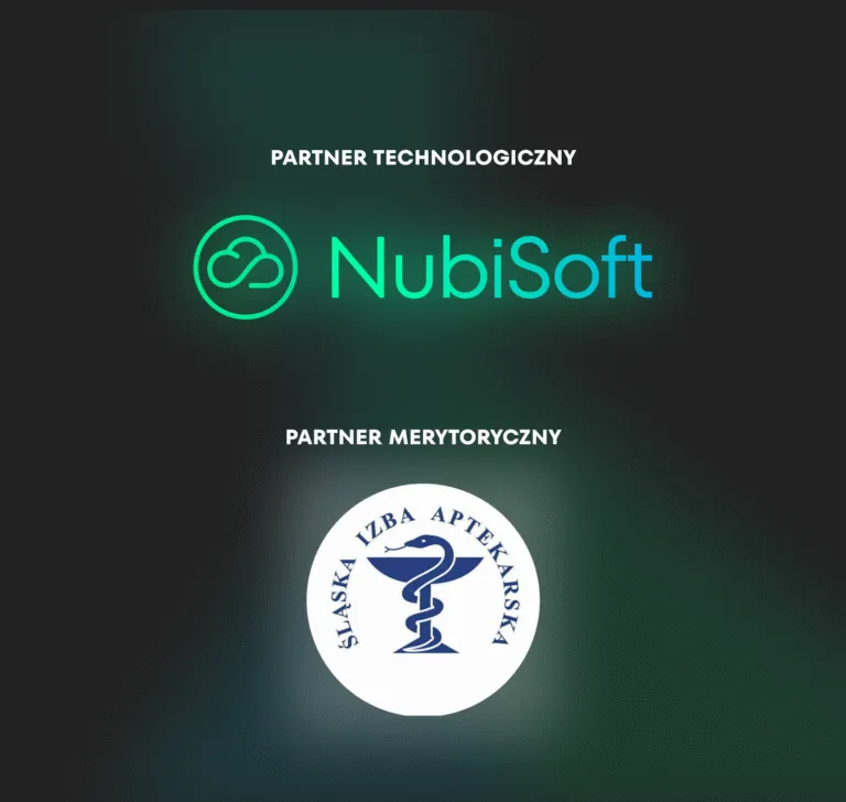 Graficzne przedstawienie współpracy: Nubisoft jako Partner Technologiczny i Śląska Izba Aptekarska jako Partner Merytoryczny.