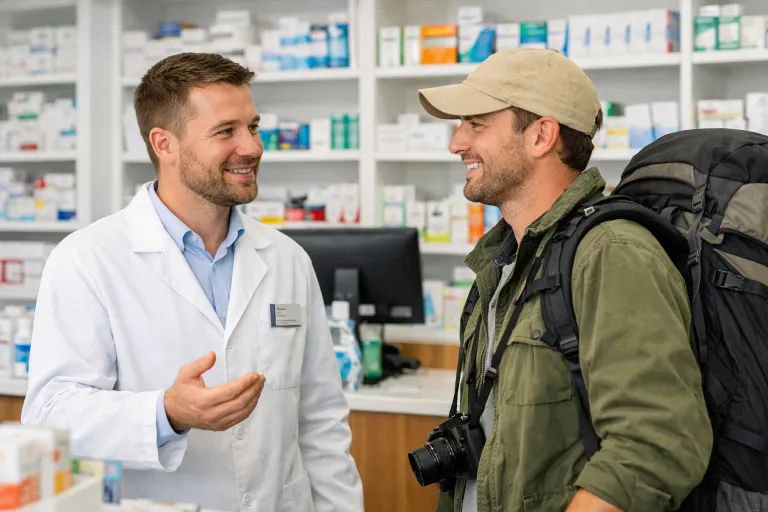 Uśmiechnięty farmaceuta w białym fartuchu rozmawia z podróżnikiem wyposażonym w duży plecak i aparat fotograficzny. W tle widoczne apteczne półki z lekami i suplementami.