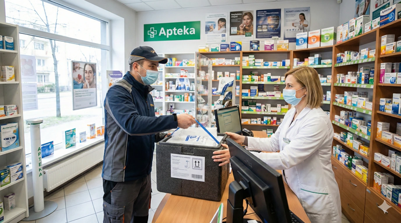 Pracownik dostarczający przesyłkę w termoizolacyjnym opakowaniu przekazuje ją farmaceutce w aptece, co obrazuje proces przyjmowania preparatów leczniczych. Zdjęcie przedstawia kluczowe aspekty procedury transportu szczepionek oraz zachowanie rygorystycznego zimnego łańcucha dostaw w aptecznym punkcie szczepień.