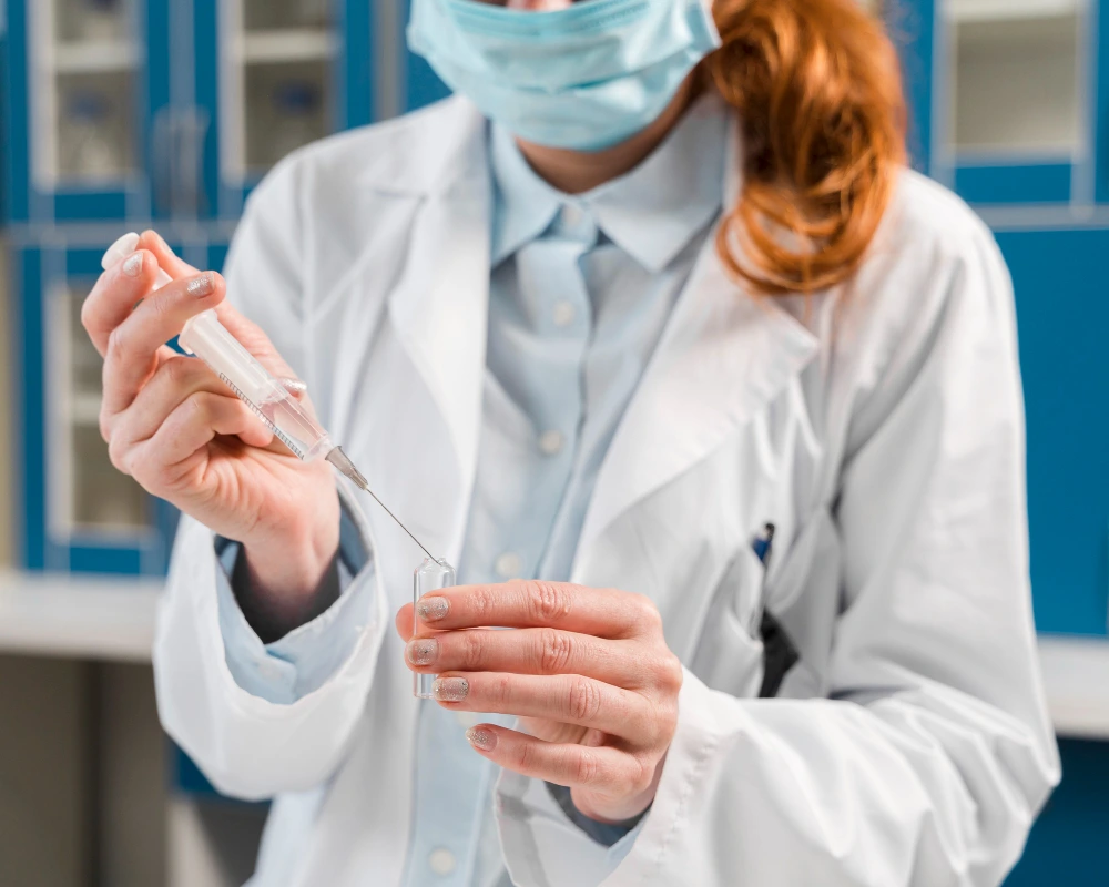 Farmaceutka w odzieży ochronnej przygotowuje strzykawkę do iniekcji, co jest standardową czynnością w Aptecznym Punkcie Szczepień. Obrazuje moment pracy z ostrym narzędziem, który niesie ryzyko zakłucia w aptece i wymaga znajomości procedur bezpieczeństwa.