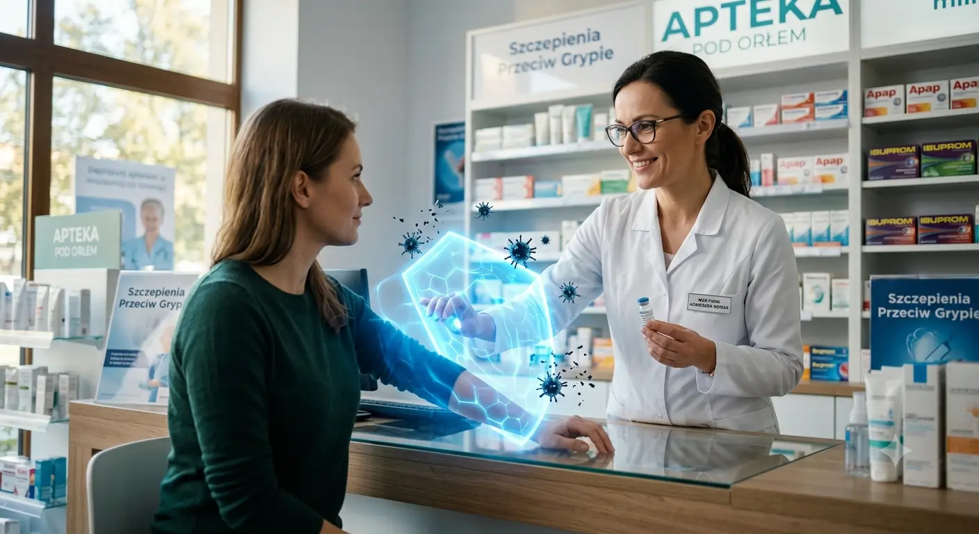 Farmaceutka obsługuje pacjentkę chcącą zaszczepić się na kleszczowe zapalenie mózgu
